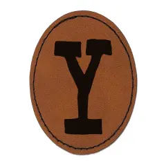 Letter Y Uppercase Cute Typewriter Font Round Iron-On Engraved Faux Leather Patch Applique - 2.5" Brown