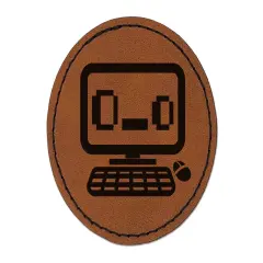 Shocked Confused Kawaii Computer Face Emoticon Round Iron-On Engraved Faux Leather Patch Applique - 2.5" Brown