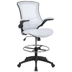Emma and Oliver Mid-Back Mesh Ergonomic Drafting Chair with Foot Ring and Flip-Up Arms WhiteMesh/BlackFrame