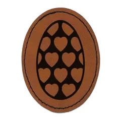 Egg with Hearts Round Iron-On Engraved Faux Leather Patch Applique - 2.5" Brown