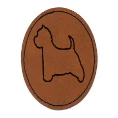 Westie West Highland White Terrier Dog Outline Round Iron-On Engraved Faux Leather Patch Applique - 2.5" Brown