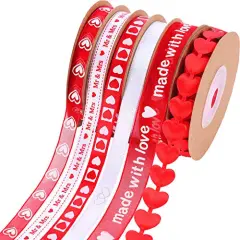 6 Pieces Valentine's Day Ribbons Printed Heart Wired Ribbons Craft Satin Ribbons for Gift Wrapping DIY Supplies