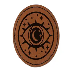 Magical All Seeing Eye Round Iron-On Engraved Faux Leather Patch Applique - 2.5" Brown