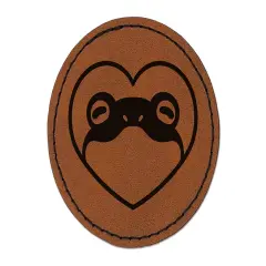 Frog Inside of Heart Round Iron-On Engraved Faux Leather Patch Applique - 2.5" Brown