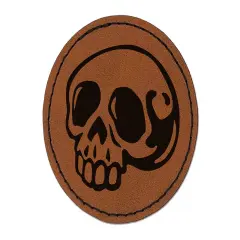 Creepy Skull Halloween Round Iron-On Engraved Faux Leather Patch Applique - 2.5" Brown