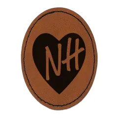 NH New Hampshire State in Heart Round Iron-On Engraved Faux Leather Patch Applique - 2.5" Brown