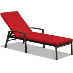 Patio Rattan Lounge Chaise Recliner with Back Adjustable Cushioned Red