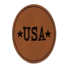 USA with Stars Patriotic Fun Text Round Iron-On Engraved Faux Leather Patch Applique - 2.5" Brown