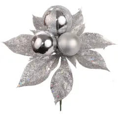 Set of 12: Silver Glitter Poinsettia Flower Picks with 3 Ornament Balls - Festive Seasonal Accents - 2024 Christmas Collection, Floral Home by Artificial Flowers