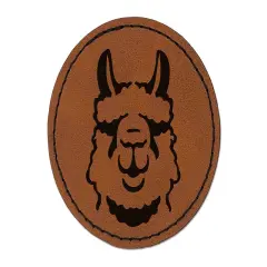 Fluffy Wooly Llama Head Round Iron-On Engraved Faux Leather Patch Applique - 2.5" Brown
