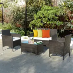 4 pcs Patio Garden Rattan Furniture Set Coffee Table Cushioned Sofa
