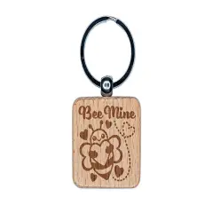 Bee Be Mine Love Hugging Heart Valentine's Day Engraved Wood Square Keychain Tag Charm