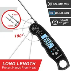 Waterproof Digital Instant Read Meat LCD Thermometer with 4.6&rdquo; Folding Probe Backlight & Calibration Function for Cooking Food Candy, BBQ Grill, Liquids,Beef(Black)