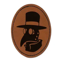 Plague Doctor Mask Round Iron-On Engraved Faux Leather Patch Applique - 2.5" Brown
