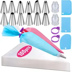100 Pcs Piping Bags and Tips Set, 12 Inch Pastry Bags, Icing Bags Disposable for Cakes Decorating Kit Supplies with 1 Reusable Piping Bags, 1 Couplers, 12 Frosting Tips, 2 Bag Ties, 3 Cake Scraper