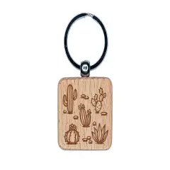 Cactuses Succulent and Stones Engraved Wood Square Keychain Tag Charm