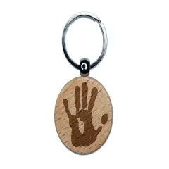 Left Hand Print Engraved Wood Round Keychain Tag Charm