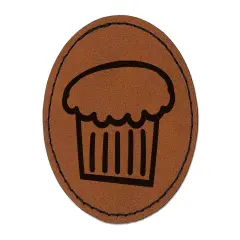Cupcake Doodle Round Iron-On Engraved Faux Leather Patch Applique - 2.5" Brown