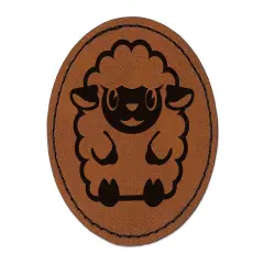 Cute Wooly Sheep Lamb Sitting Round Iron-On Engraved Faux Leather Patch Applique - 2.5" Brown