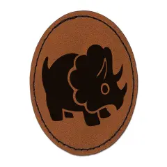 Cute Triceratops Dinosaur Round Iron-On Engraved Faux Leather Patch Applique - 2.5" Brown