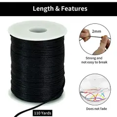 2 mm x 110 Yards Black Nylon Cord Satin String for Bracelet Jewelry Making Rattail Macrame Waxed Trim Cord Necklace Bulk Beading Thread Kumihimo Chinese Knot Craft