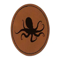 Octopus Solid Round Iron-On Engraved Faux Leather Patch Applique - 2.5" Brown
