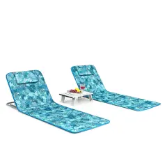 3 Pieces Beach Lounge Chair Mat Set 2 Adjustable Lounge Chairs with Table Stripe Green
