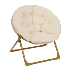 Emma and Oliver Io Kid's Folding Saucer Chair with Cozy Faux Fur Upholstery and Metal Frame for Playroom, Bedrooms, Nursery and More IvoryFauxFur/SftGold