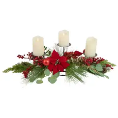 Northlight Poinsettia and Berries Christmas Tripe Pillar Candle Holder - 32" Green