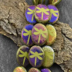 *8* 16mm Acid Etched Chartreuse Metallic Iris Laser Tattoo Dragonfly Coin Beads