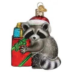 Bandit Raccoon Glass Ornament with Box