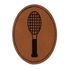 Tennis Racket Doodle Round Iron-On Engraved Faux Leather Patch Applique - 2.5" Brown