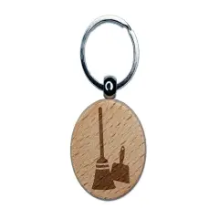 Broom and Dustpan Cleaning Engraved Wood Round Keychain Tag Charm