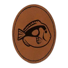 Regal Blue Tang Surgeonfish Fish Round Iron-On Engraved Faux Leather Patch Applique - 2.5" Brown