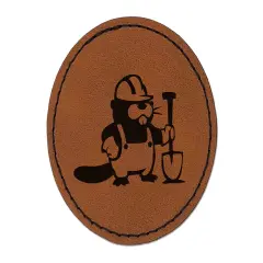 Construction Worker Builder Beaver with Shovel and Hard Hat Round Iron-On Engraved Faux Leather Patch Applique - 2.5" Brown