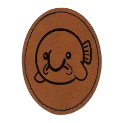 Kawaii Sad Blobfish Round Iron-On Engraved Faux Leather Patch Applique - 2.5" Brown