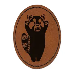 Surprised Red Panda Standing Round Iron-On Engraved Faux Leather Patch Applique - 2.5" Brown