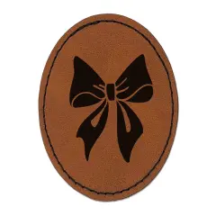 Sweet Bow Gift Presents Birthday Anniversary Christmas Round Iron-On Engraved Faux Leather Patch Applique - 2.5" Brown
