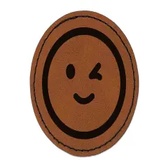 Winking Smiling Face Emoticon Round Iron-On Engraved Faux Leather Patch Applique - 2.5" Brown