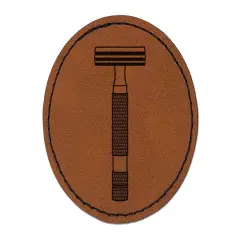 Razor Shaving Blade Round Iron-On Engraved Faux Leather Patch Applique - 2.5" Brown