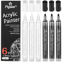 6 Pack Acrylic Black White Permanent Markers, Acrylic Paint Pens for Rock Painting, Wood, Metal, Stone, Ceramic, Glass, Graffiti, Paper, Drawing. Water-based Medium Tip