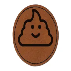 Smile Poop Face Emoticon Round Iron-On Engraved Faux Leather Patch Applique - 2.5" Brown