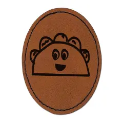 Happy Taco Doodle Round Iron-On Engraved Faux Leather Patch Applique - 2.5" Brown