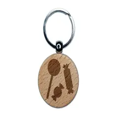 Candy Lollipop Engraved Wood Round Keychain Tag Charm