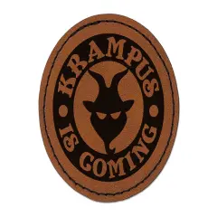 Krampus is Coming Christmas Round Iron-On Engraved Faux Leather Patch Applique - 2.5" Brown