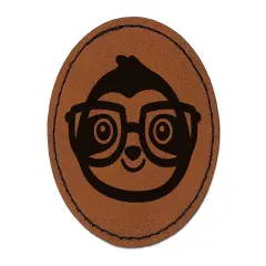 Sloth Smart with Glasses Round Iron-On Engraved Faux Leather Patch Applique - 2.5" Brown