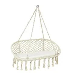 2 Person Hanging Hammock Chair Macrame Swing with Zippered Cushion Beige