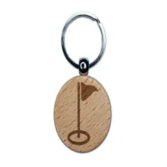Golf Hole Flag Engraved Wood Round Keychain Tag Charm