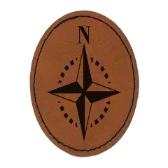 Compass Rose Nautical Star Navigation Map Round Iron-On Engraved Faux Leather Patch Applique - 2.5" Brown