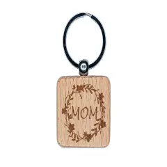 Mom Flower Wreath Mother's Day Engraved Wood Square Keychain Tag Charm